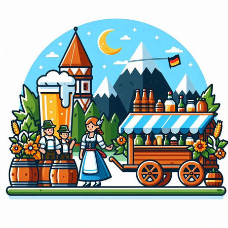 Vector illustration of a fairytale character with a wooden cart full of beerのイラスト素材