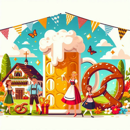 Oktoberfest festival. Group of people in traditional Bavarian clothes, drinking beer and eating pretzel. Vector illustrationのイラスト素材