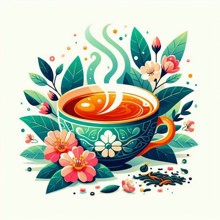 Cup of tea with floral elements on white background. Vector illustration.のイラスト素材