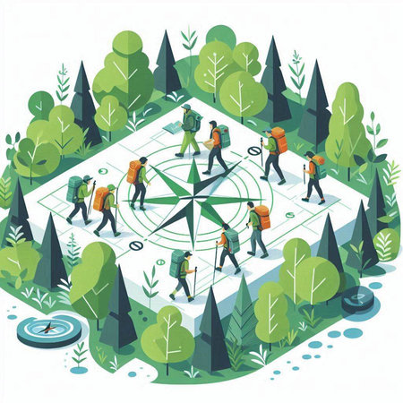 Vector isometric illustration of a group of tourists and a compass in the forestのイラスト素材