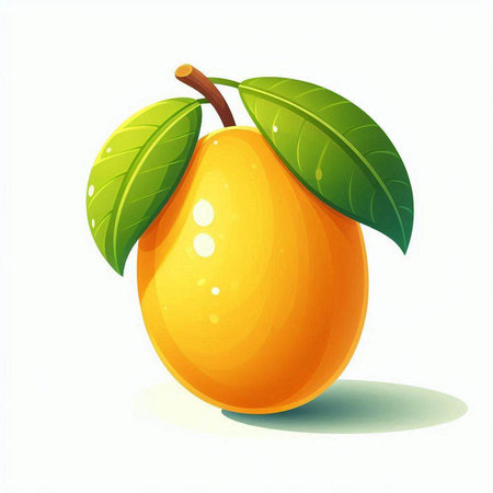 Illustration of a mango with leaves on a white background, vectorのイラスト素材