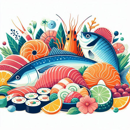 Seafood vector illustration with fish, shrimp, crab, salmon, seaweed, lemon and vegetables.のイラスト素材
