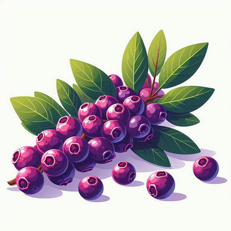 Bunch of ripe blueberries with green leaves. Vector illustration.のイラスト素材