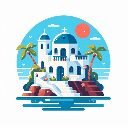Vector illustration of the island of Santorini, Greece in flat style.のイラスト素材