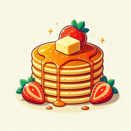 Illustration of a Stack of Pancakes with Strawberry and Butter.のイラスト素材