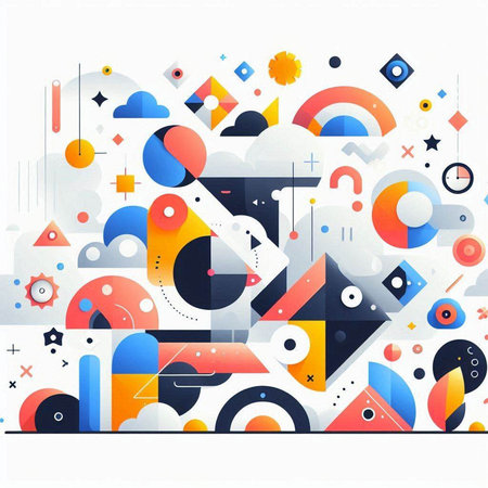 Abstract colorful geometric composition with circles, lines, rectangles and figures.のイラスト素材