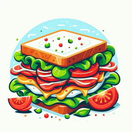Vector illustration of a sandwich with tomato, lettuce, cheese, ham and mayonnaiseのイラスト素材
