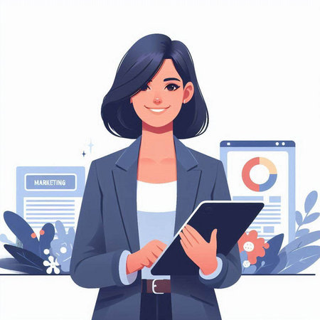 Young businesswoman holding a tablet in her hands. Vector illustration.のイラスト素材