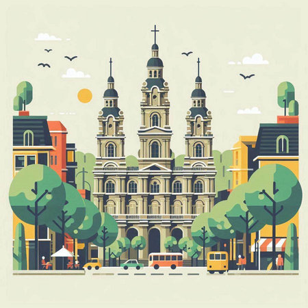 Church in the center of the city. Vector illustration in retro style.のイラスト素材