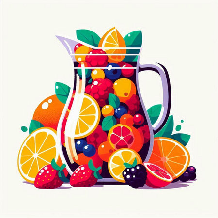 Fruit juice jug with fruits. Vector illustration in flat style.のイラスト素材