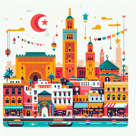 Vector illustration of Ramadan Kareem greeting card with mosque, arabic lanterns and mosqueのイラスト素材