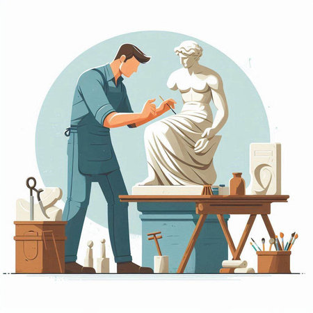 Jeweler making gypsum statue in workshop. Vector illustrationのイラスト素材