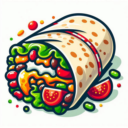 Illustration of a tortilla wrap with vegetables and sauce on a white backgroundのイラスト素材