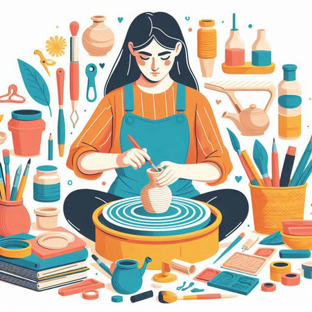 Pottery workshop. Vector illustration in flat cartoon style. Woman potter makes a bowl of clay.のイラスト素材