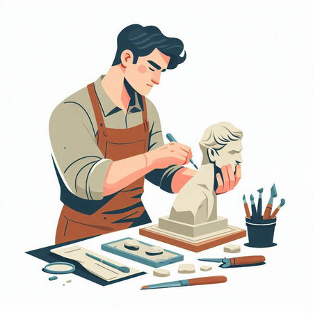 Man working in a pottery workshop. Vector illustration in cartoon style.のイラスト素材