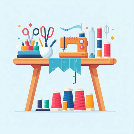 Sewing tools and accessories on wooden table. Vector illustration.のイラスト素材