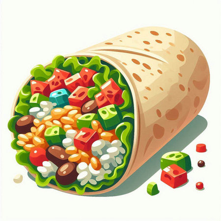 Vector illustration of tortilla wrap with vegetables, fruits and cheese.のイラスト素材