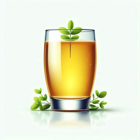 Glass of beer with green leaves on a white background. Vector illustration.のイラスト素材