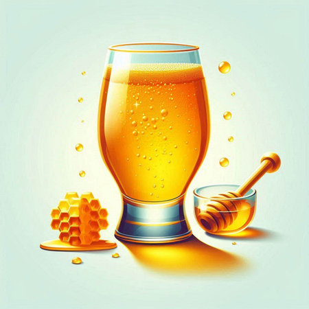 Glass of honey with honeycombs and wooden drizzler, vector illustrationのイラスト素材