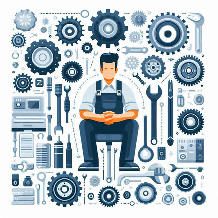 Repairman sitting on the floor with tools and instruments. Vector illustrationのイラスト素材