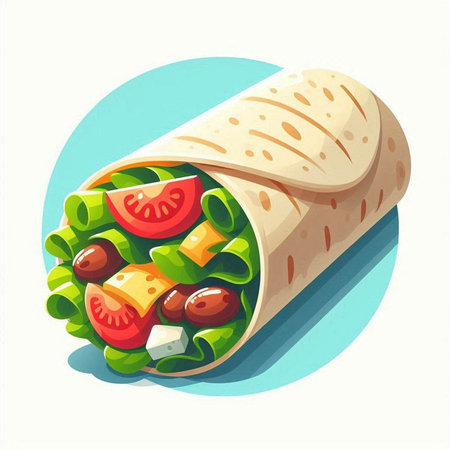 Tortilla wrap with fresh vegetables and cheese. Vector illustration.のイラスト素材