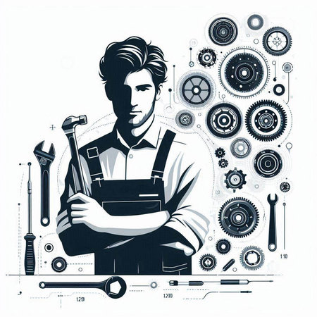 Mechanic with tools. Vector illustration in black and white colors.のイラスト素材