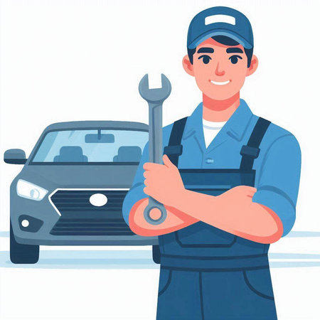 Auto mechanic man in uniform with wrench and car. Vector illustration in cartoon styleのイラスト素材