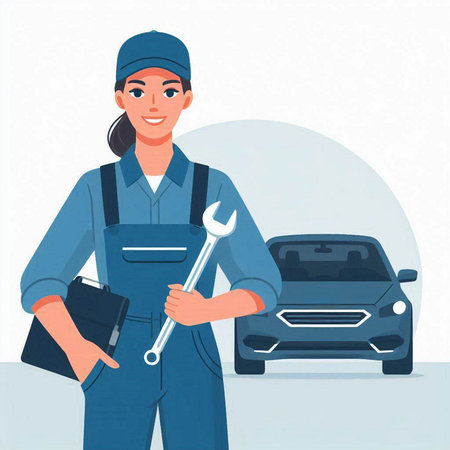 Auto mechanic woman with wrench and car. Auto repair service vector illustrationのイラスト素材