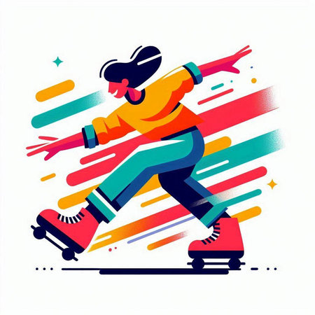 Vector illustration of a girl skating on roller skates on colorful backgroundのイラスト素材