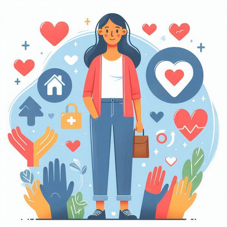 Vector illustration of young woman in flat style with hearts and hands.のイラスト素材