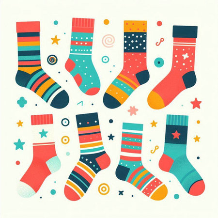 Set of colorful socks with different patterns. Hand drawn vector illustration.のイラスト素材