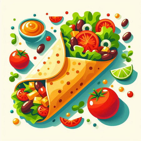 Mexican burrito with vegetables, sauce and tortilla chips. Vector illustration.のイラスト素材