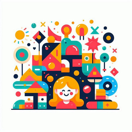 Cute little girl playing with geometric figures. Vector colorful illustration.のイラスト素材