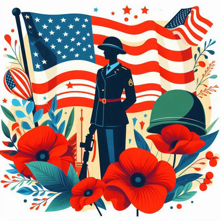American flag with soldier and flowers. Vector illustration in retro style.のイラスト素材