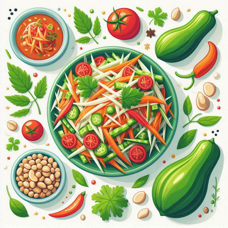 Vegetable salad with zucchini, tomatoes, cucumbers and beans. Vector illustration.のイラスト素材
