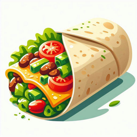 Illustration of a tortilla wrap filled with fresh vegetables and cheeseのイラスト素材