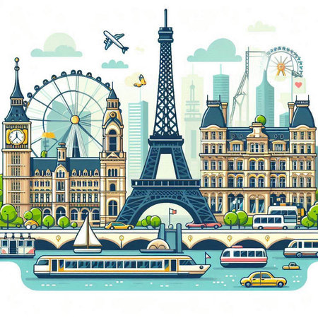Paris skyline with famous landmarks. Travel and tourism concept. Vector illustrationのイラスト素材