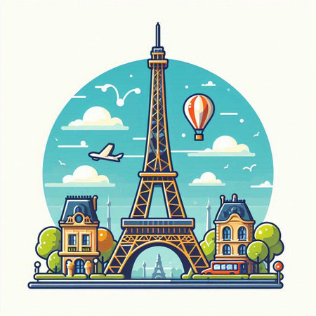 Eiffel tower in Paris, France. Vector illustration in flat styleのイラスト素材