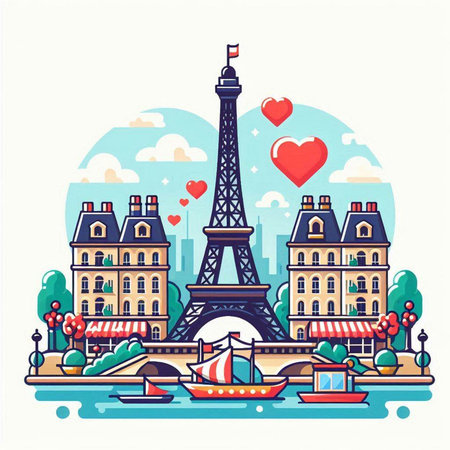 Paris vector illustration with Eiffel tower, Parisian houses, river and hearts.のイラスト素材