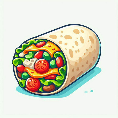 Vector illustration of a tortilla with vegetables, cheese and meat.のイラスト素材