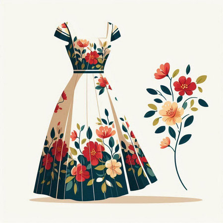 Fashionable dress with flowers in retro style. Vector illustration.のイラスト素材