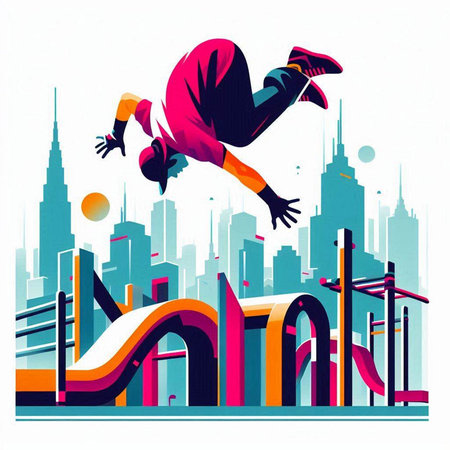Vector illustration of a man jumping over an obstacle in the city.のイラスト素材