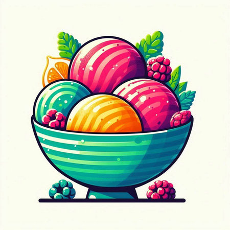 Vector illustration of ice cream in a bowl with fruits and berries.のイラスト素材