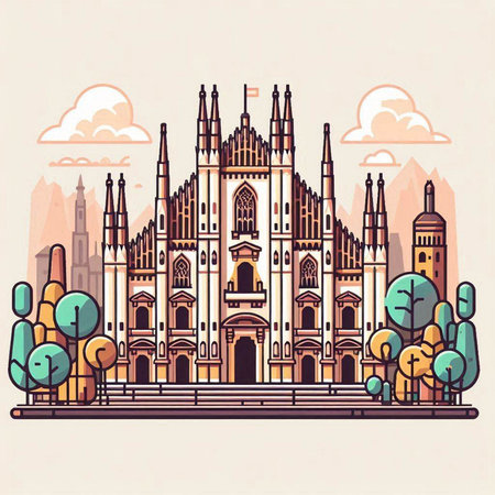 Vector illustration of the catholic church in the city. Linear style.のイラスト素材
