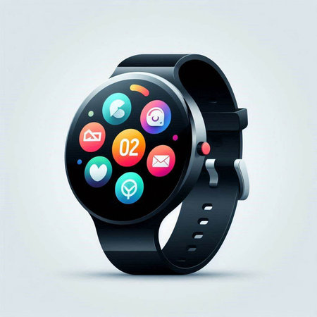 Smart watch with colorful application icons on the screen. Vector illustration.のイラスト素材