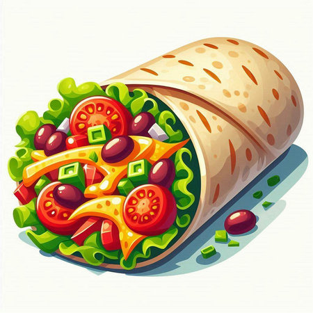 Vector illustration of a tortilla wrap with lettuce, tomato, cheese and cucumberのイラスト素材