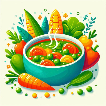 Vegetable soup in a bowl with fresh vegetables. Vector illustration.のイラスト素材