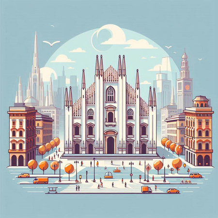 Milan, Italy. Cityscape with famous landmarks. Vector illustration.のイラスト素材