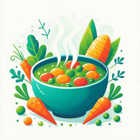 Vegetable soup in bowl with carrots and green leaves. Vector illustration.のイラスト素材