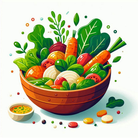 Vegetable salad in a wooden bowl. Vector illustration on white background.のイラスト素材